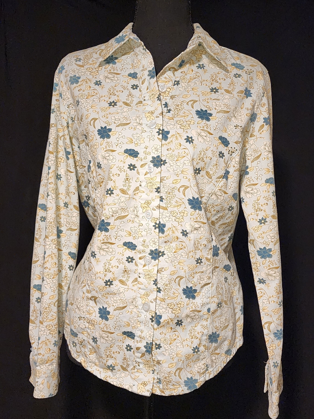 Dress Barn Womans Button-Down Shirt with Blue and Gold Floral Design